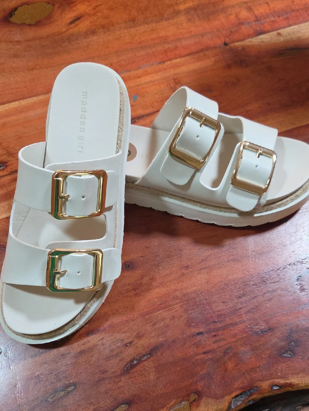 Madden Girl Cream Slide Sandals with Gold Buckles - Picture 1 of 3